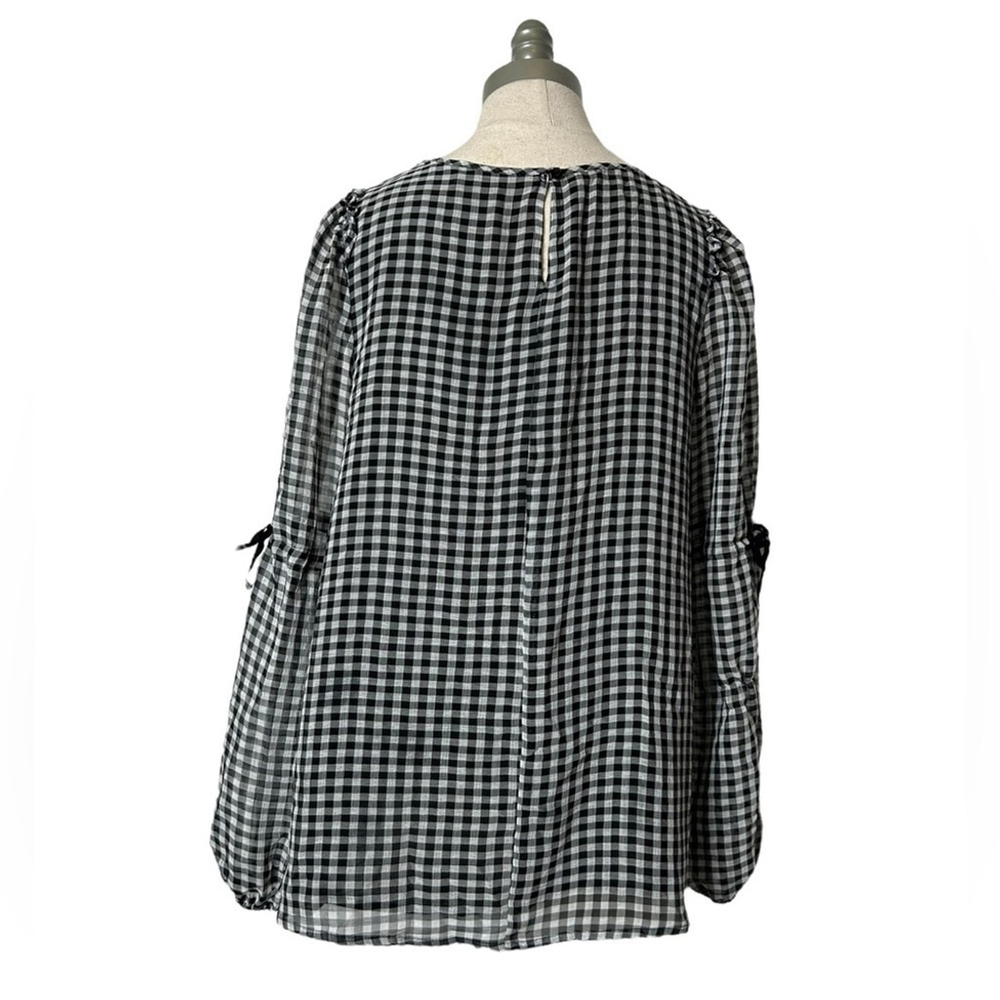 Max Studio Gingham Black White Plaid Long Sleeve Ruffle Tie Sleeve Blouse - Picture 6 of 16